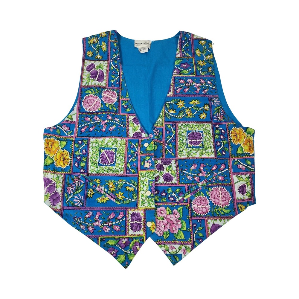 Fashion‎ Passport Vintage Blue Floral Patchwork Beaded Cotton Vest Waistcoat M